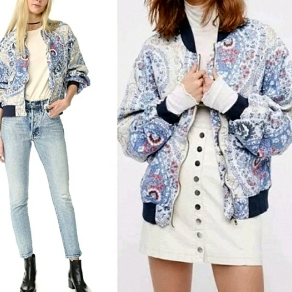 Free People Blue and White Bomber Jacket